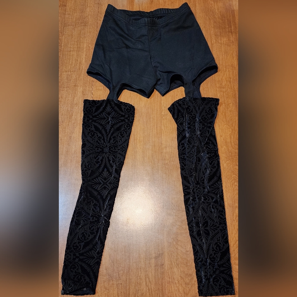 L & B Lipgloss and Black Spandex and Velvet Leggings with Thigh Cutouts, Size S